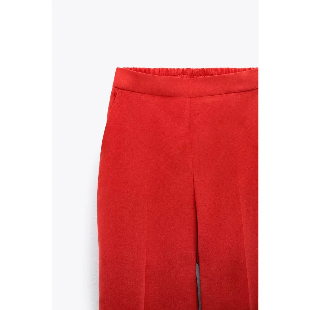 Red Zara Linen Blend Wide-Leg Pull-On Pants Trousers (NWT)